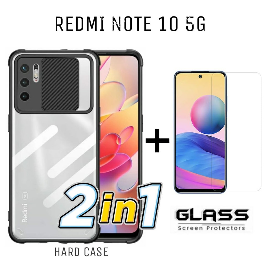 Case REDMI NOTE 10 5G Paket 2in1 Hard Case Fusion Shield Transparant Free Tempered Glass Layar
