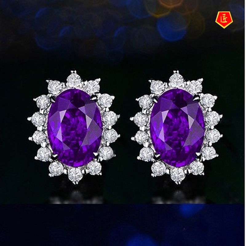 [Ready Stock]Noble Female Sapphire Diamond Flower Earrings