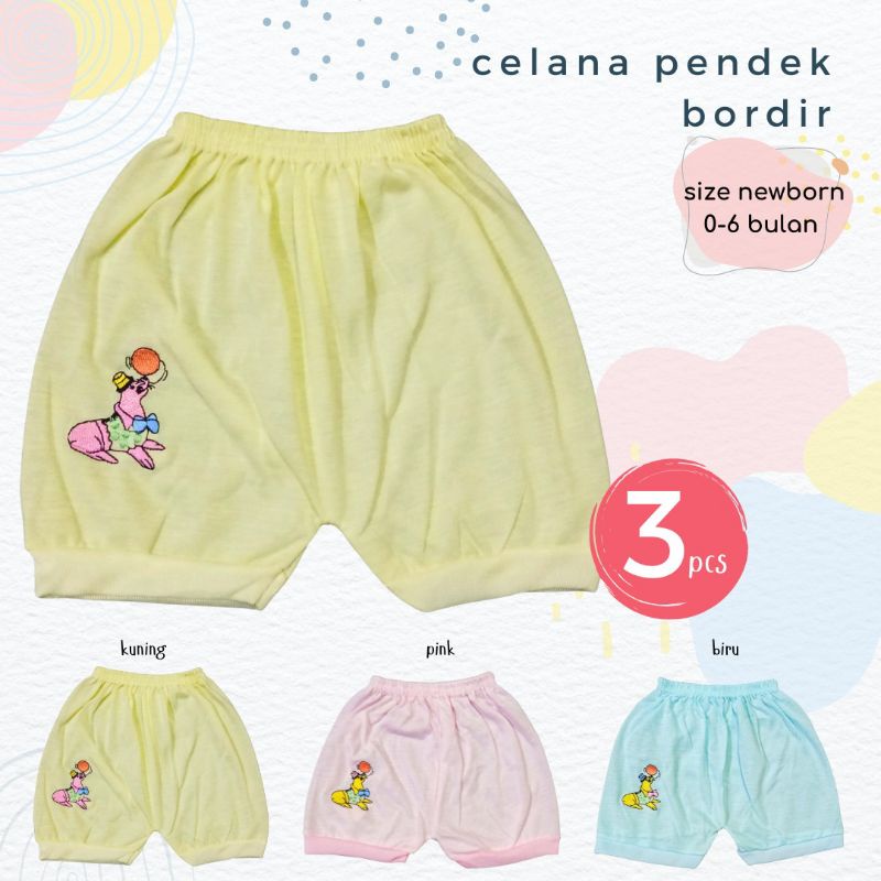 3Pcs Celana Pendek Bayi Bordir Celana Pendek Baby Unisex Bahan Katun Polly Lembut Size Newborn 0-9 Bulan Celana Bayi Celana Baby Perlengkapan Bayi Baru Lahir