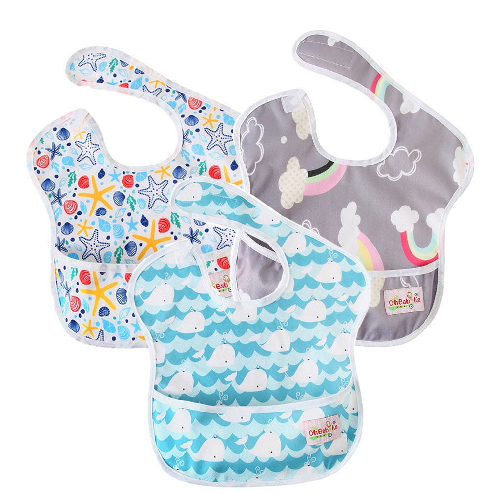3Pcs Bib Slabber Handuk Air Liur Bayi Anti Air Gambar Kartun Hiu Dengan Saku