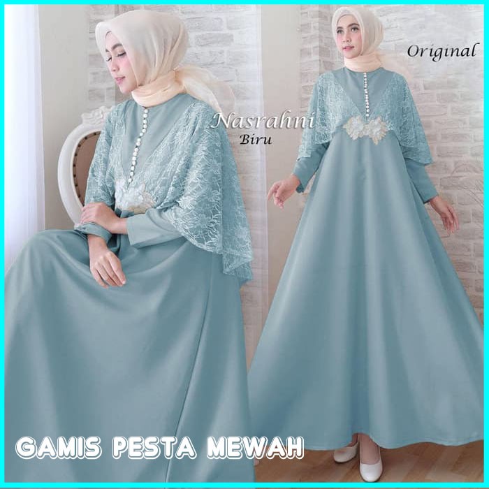 BAJU GAMIS PESTA WANITA TERBARU BIRU NASRAHNI BUSANA MUSLIM WANITA BAJU MUSLIM BUSUI
