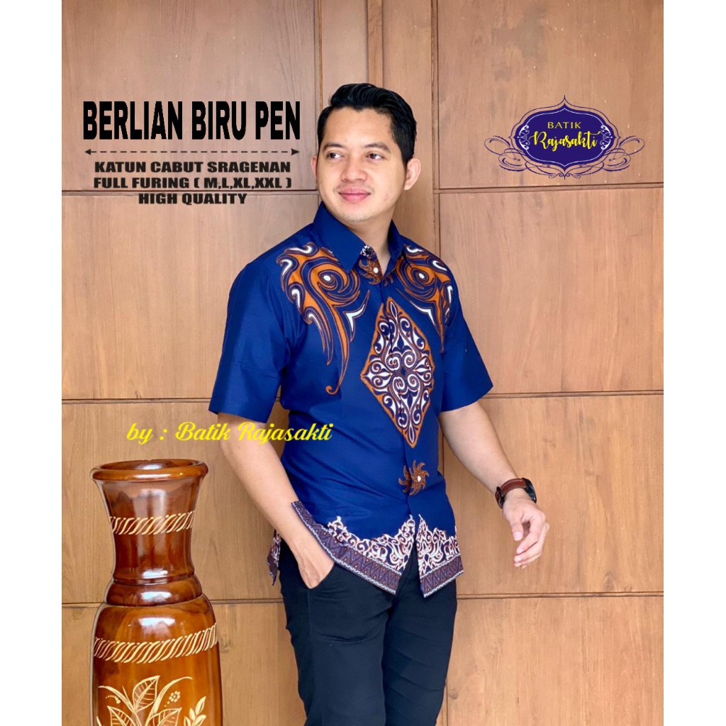 Batik Pria Motif BERLIAN BIRU PENDEK Full Furing Bahan Katun Halus Sragenan