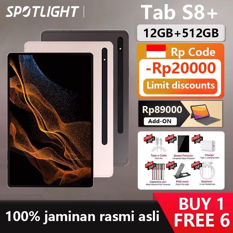 【Gratis 6 Hadiah!】Tablet PC Asli Galaxy Tab S8 S8+ S8 Plus Ultra RAM 12GB ROM 512GB Pendidikan Online Android Tablet PC Asli Kuat Panggilan Dual SIM 5G Tablet PC Kapasitas Besar 8800mAh Baterai Tablet PC Murah Pelajar Belajar Tablet PC Tablet Gaming