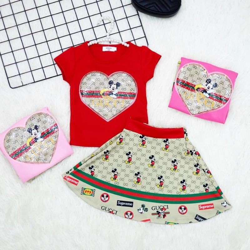 setelan mickey motif gucci / setelan rok sequin anak