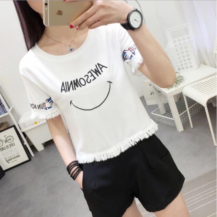 Kaos Lengan  Pendek T-Shirt Wanita Kaos Casual Wanita Atasan Santai Motif Tulisan Ainmosewa Smile