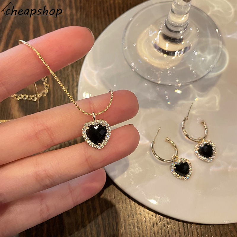 IFYOU Anting Dan Kalung Bentuk Hati Warna Hitam Gaya Korea Untuk Wanita