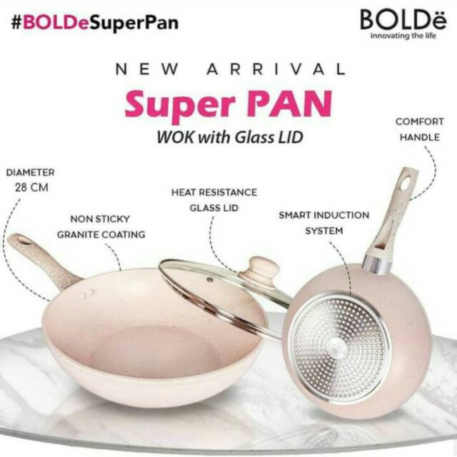 Bolde Super Pan Wok 28cm Wajan Lapisan Granite Anti Lengket Dengan Tutup Kaca