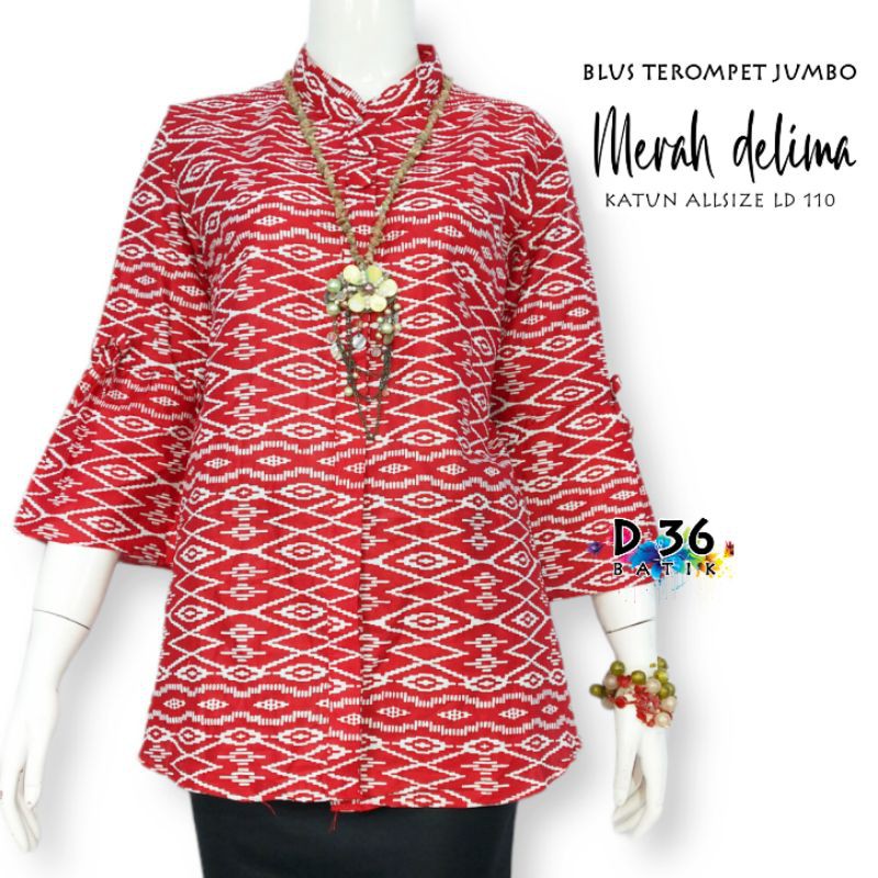 Blouse batik jumbo merah delima pakaian wanita ibu remaja baju batik cewek big size katun super kerja kuliah xxxl sekolah seragam kantor kantoran kasual formal pabrik partai kekinian terompet lonceng-C