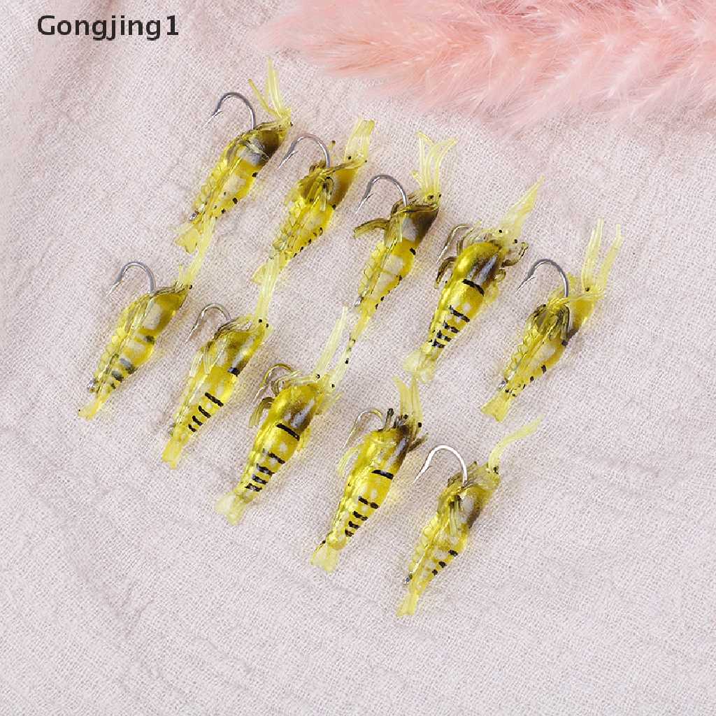 Gongjing1 Lot 10Pcs Umpan Pancing Softlure Bentuk Udang Imitasi Dengan Kail