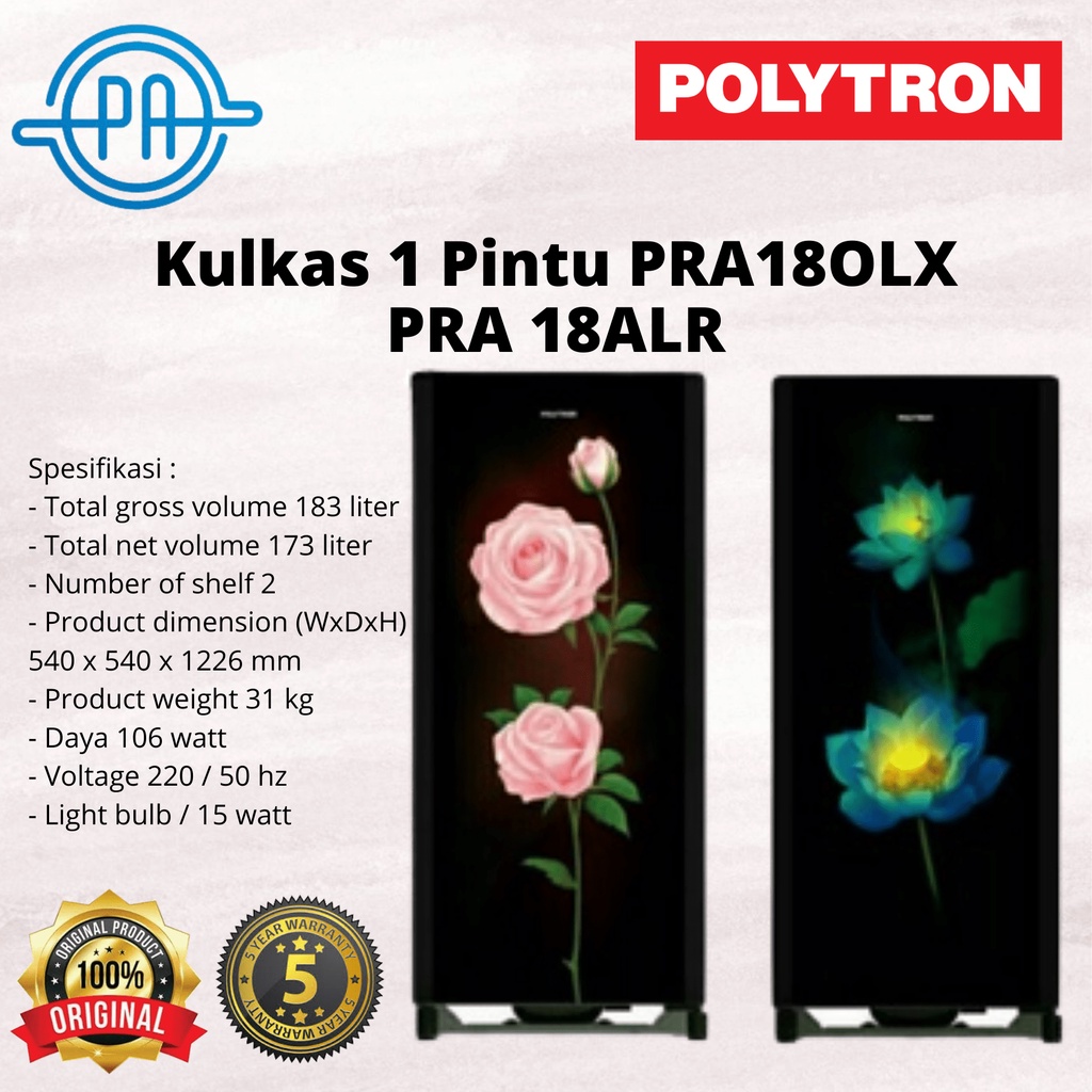 KULKAS 1 PINTU POLYTRON PRA18OLX  / 18ALR 180LITER GLASS DOOR