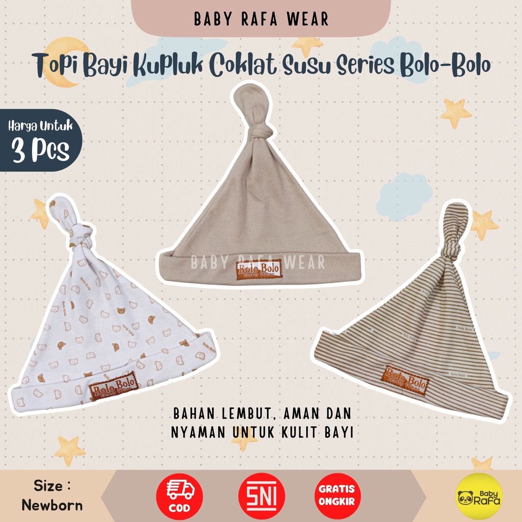 Serian Coklat Susu - 3 Pcs Topi Kupluk Bayi Baru Lahir Topi Bayi 0 - 3 Bulan COKLAT SUSU SERIES merk SNI Bolo - Bolo