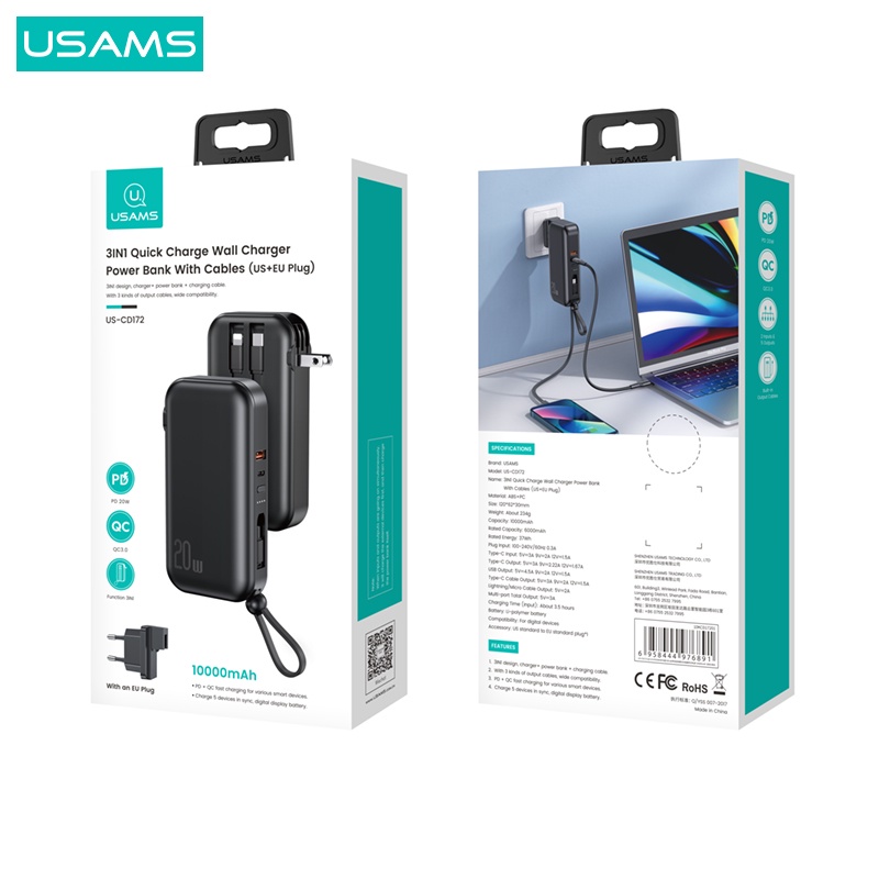 USAMS PB63 Powerbank 10000mAh Quick Charge 20W 3in1 Cable US+EU Plug