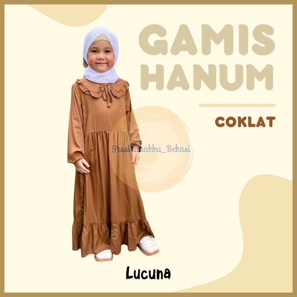 Gamis Rayon Anak Hanum Lucuna Warna Coklat Size 2-10 Thn