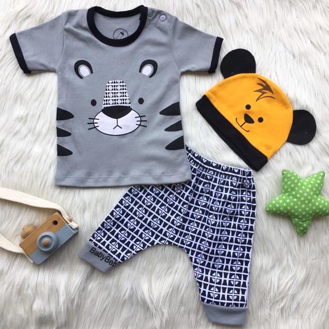 setelan anak laki laki baju anak bayi cowok 1 2 tahun 0 12 24 bulan setelan baju anak balita free topi TIGER tee set