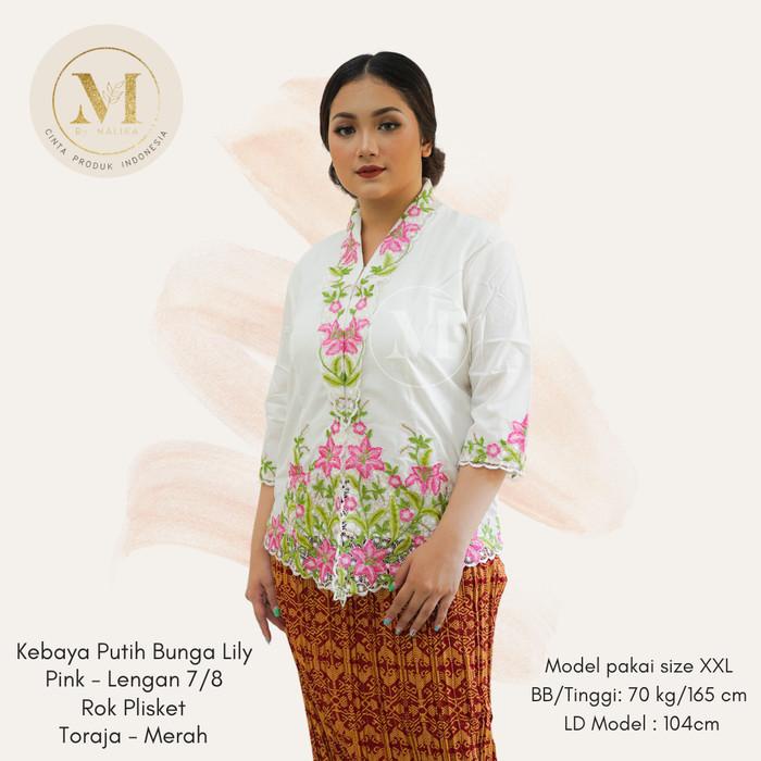 Baju Kebaya Encim Putih Bunga Lily Lengan 7/8 -Malika Kebaya Ncim Mode - Pink, M 074
