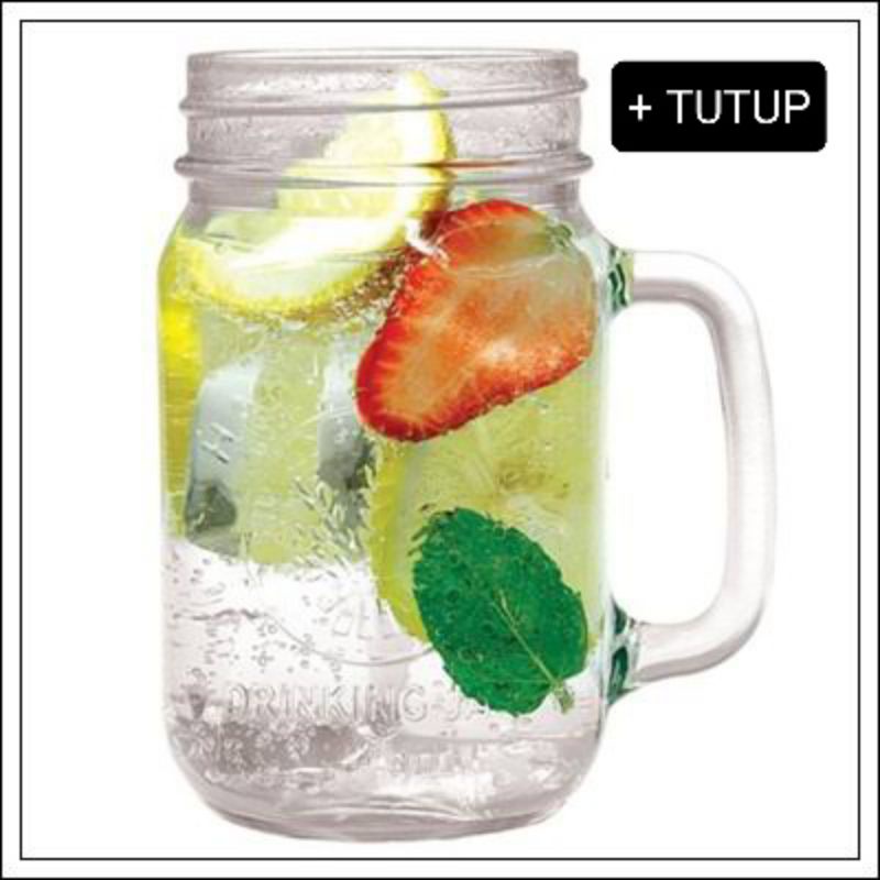 Gelas Jar Motif Dengan Tutup/Gelas Gagang/Gelas Toples/Gelas Kaca