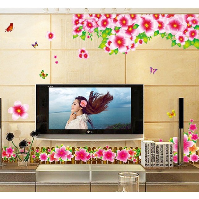 RELIZA WALL STICKER PAGAR BUNGA MERAH RENDA FLOWERS SAKURA AY9042 STIKER DINDINGreadystock