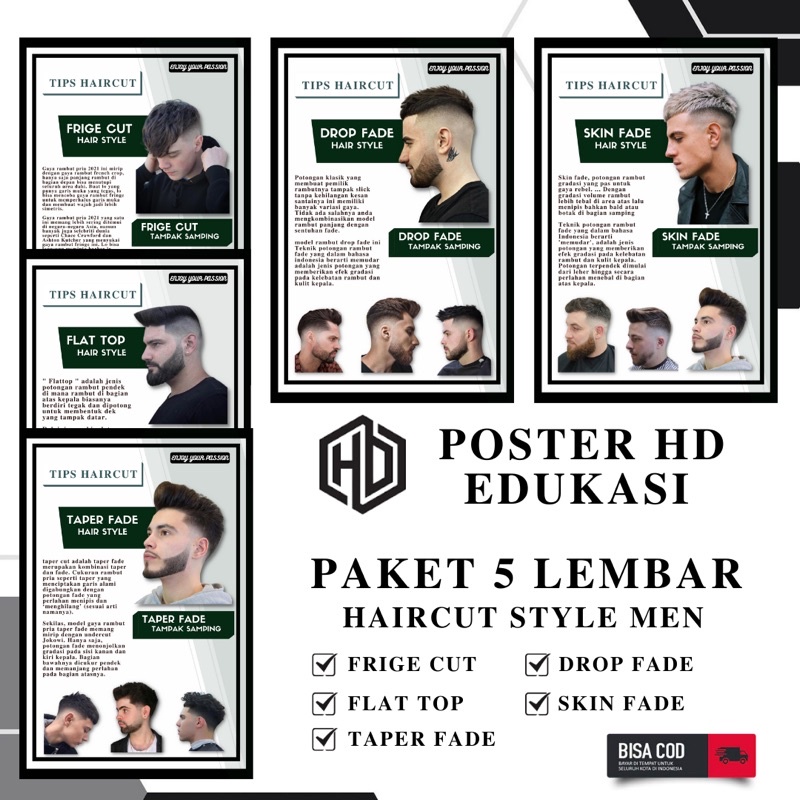poster edukasi pangkas rambut dan barbershop - model rambut pria kekinian - hiasan dinding keren pan