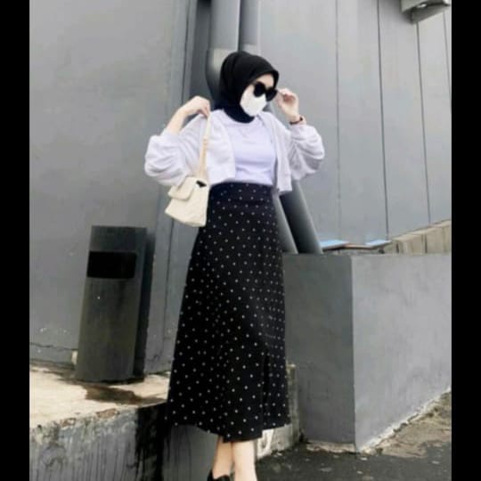 ROK POLKA L-XL-XXL/ROK PANJANG WANITA MOTIF POLKADOT/MAXI SKIRT A-LINE-HITAM