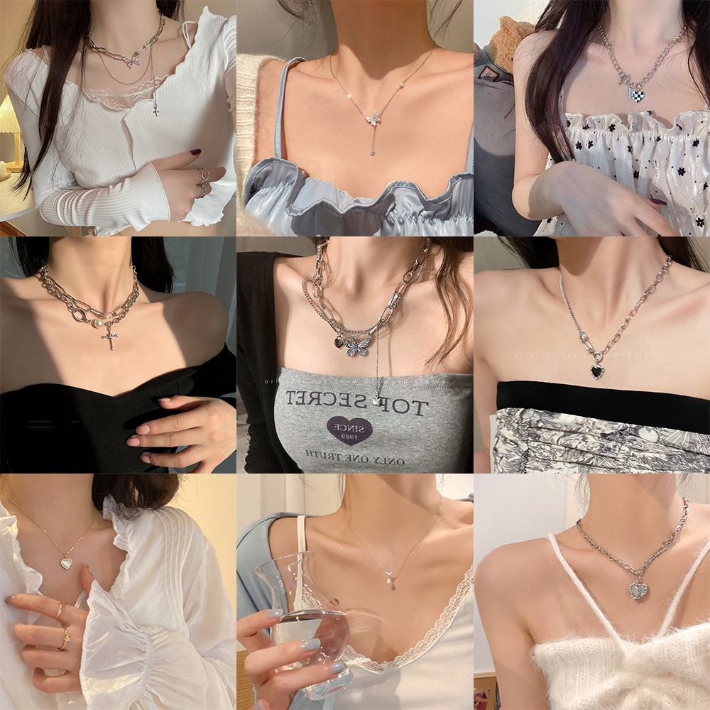 AY(CN) Kalung Rantai Choker Liontin Kupu-Kupu Salib Mutiara Y2K Warna Silver Gaya Korea Untuk Wanita
