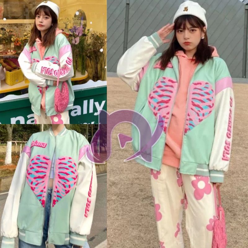 HEART VARSITY JAKET BISBOL WARNA MINT / KOREAN JACKET FASHION