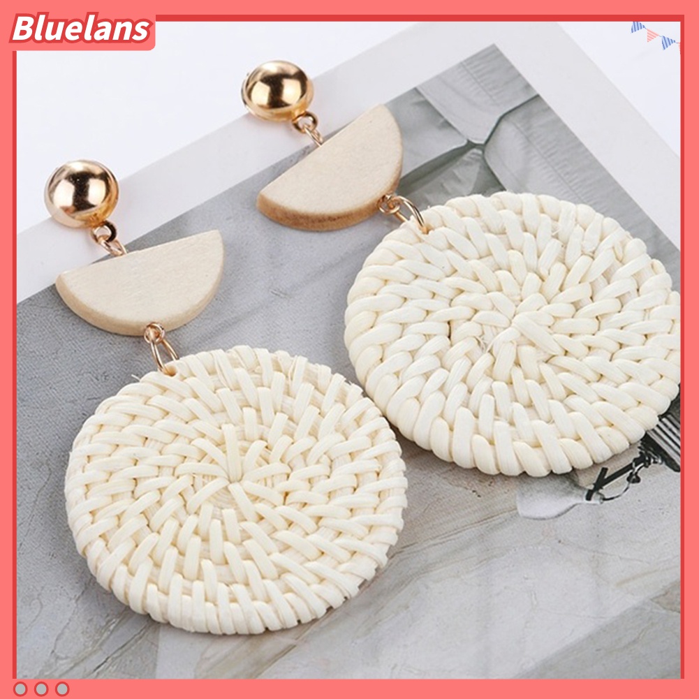 Anting Gantung Anyaman Rotan Bentuk Bulat Gaya Bohemia
