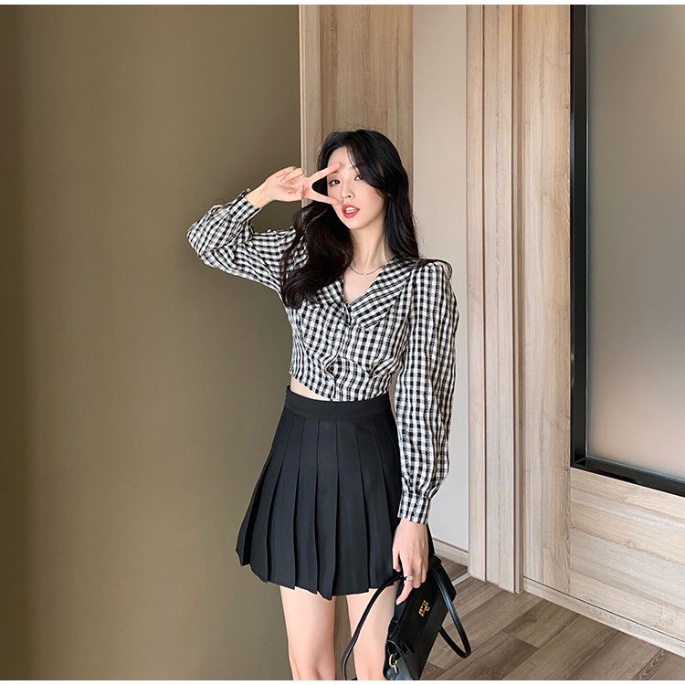 Kemeja Crop Wanita Kotak Kotak Import Wanita Lengan Panjang Blouse Korean Style