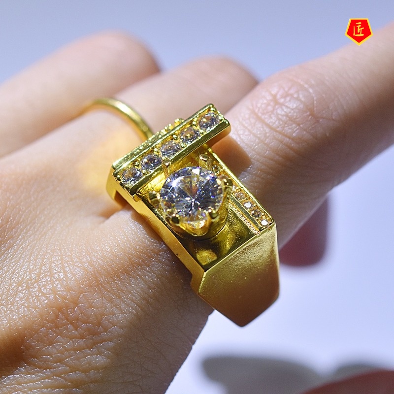 [Ready Stock]Creative Geometric Gold Inlaid Diamond Square Ring