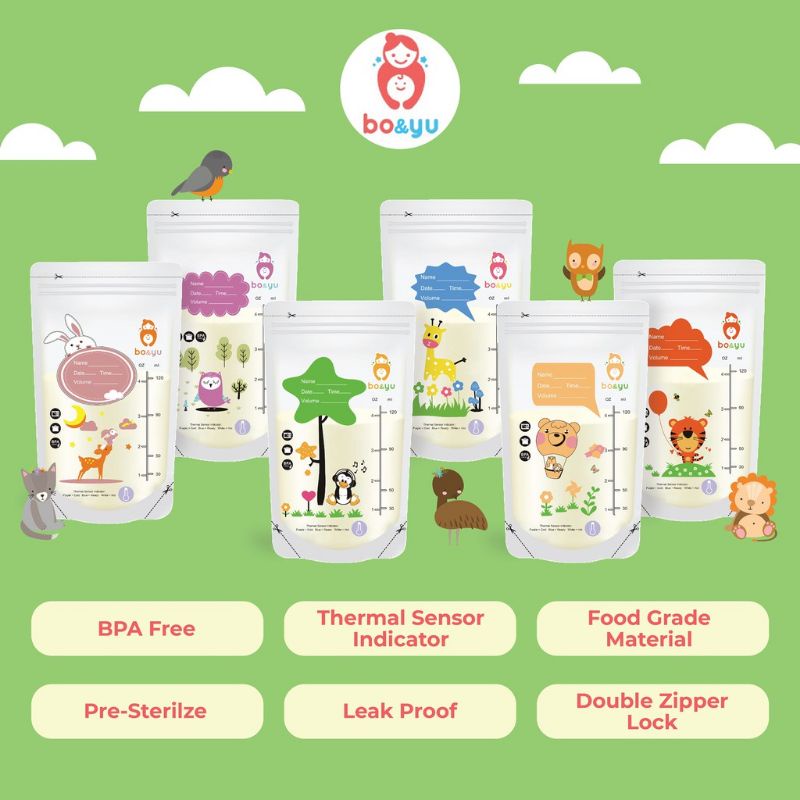 Kantong ASI 120ml 30pcs Bo&amp;yu Breastmilk Storage Bag BPA FREE Plastik ASI Kantong Asip Air Susu Ibu Kantong ASI Polos Dengan Thermal Sensor