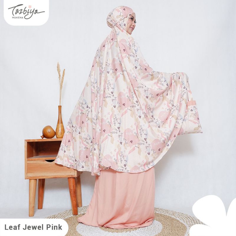 Mukenah Tazbiya Leaf Jewel Pink Crimson Grey Jumbo Dewasa Katun Rayon Adem Motif Cantik