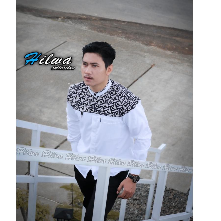 Potongan✲ Baju koko dewasa lengan panjang motif falcon kombinasi batik warna putih dan hitam hilwa c