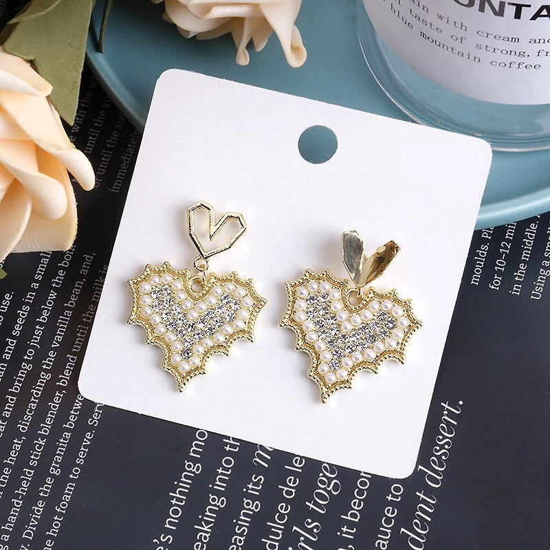 Anting 925 Silver Needle Bentuk Hati Aksen Mutiara Berlian Gaya Korea Elegan Untuk Wanita