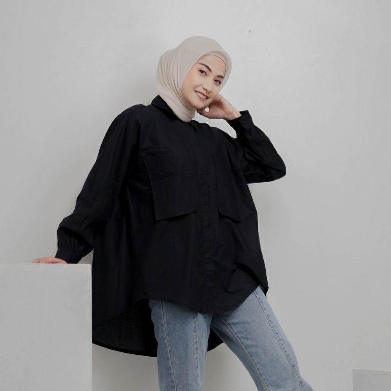 Kemeja blouse oversize gaudy kantong dua katun linen shirt ld 120 - Kemeja pocket wanita oversize - Kemeja fuchia wanita