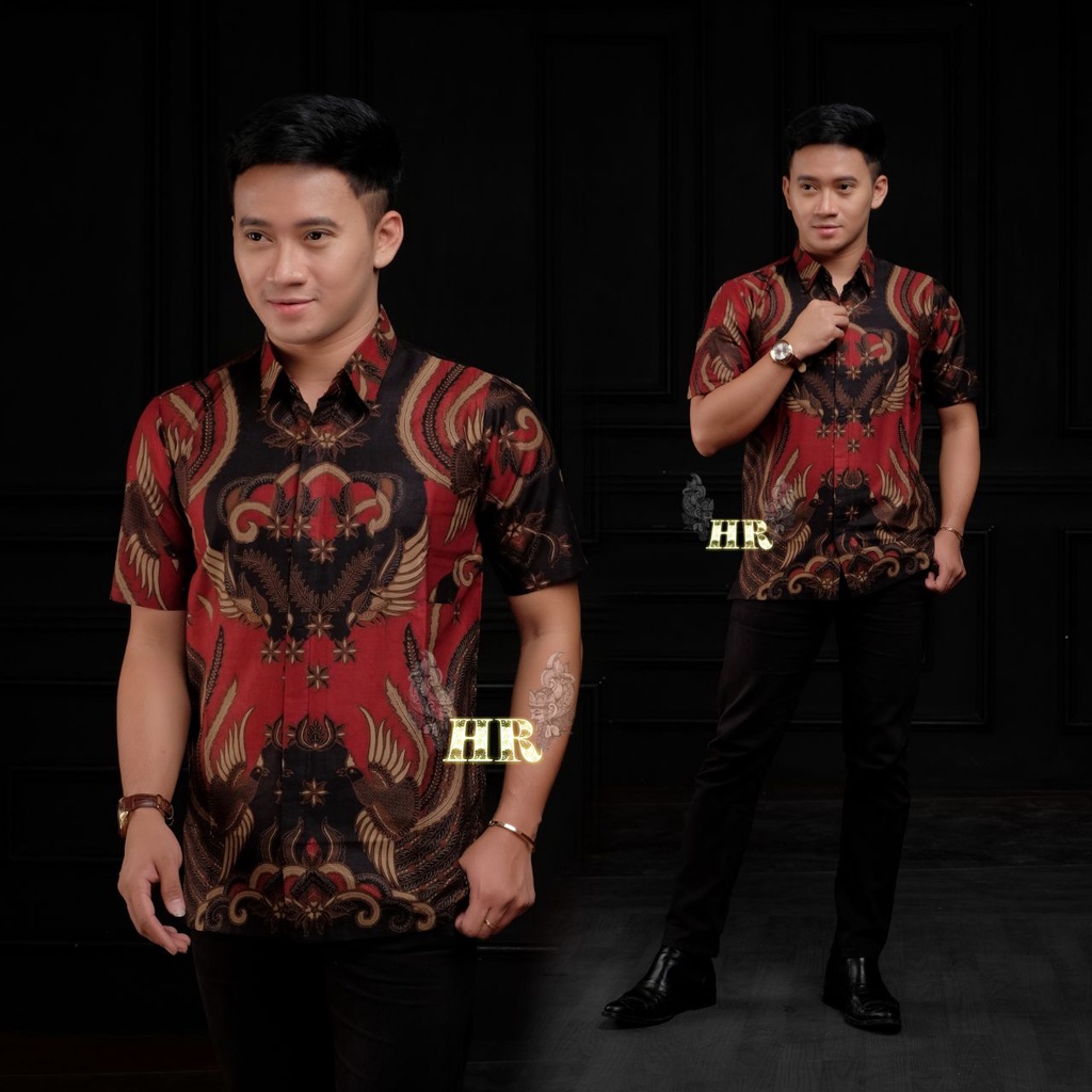 Batik Pria Lengan Pendek  BATIK MURAH HRB026 motif TERBARU 2021 Kode 002 size M L XL XXL BIG SIZE 3L 4L 5L 6L Reguler Fit-HEM IRONMAN MARON
