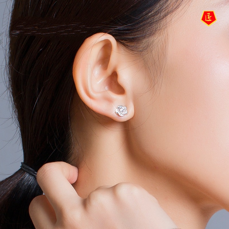 [Ready Stock]925 Silver Diamond Plum Stud Earrings for Women Sweet Elegance