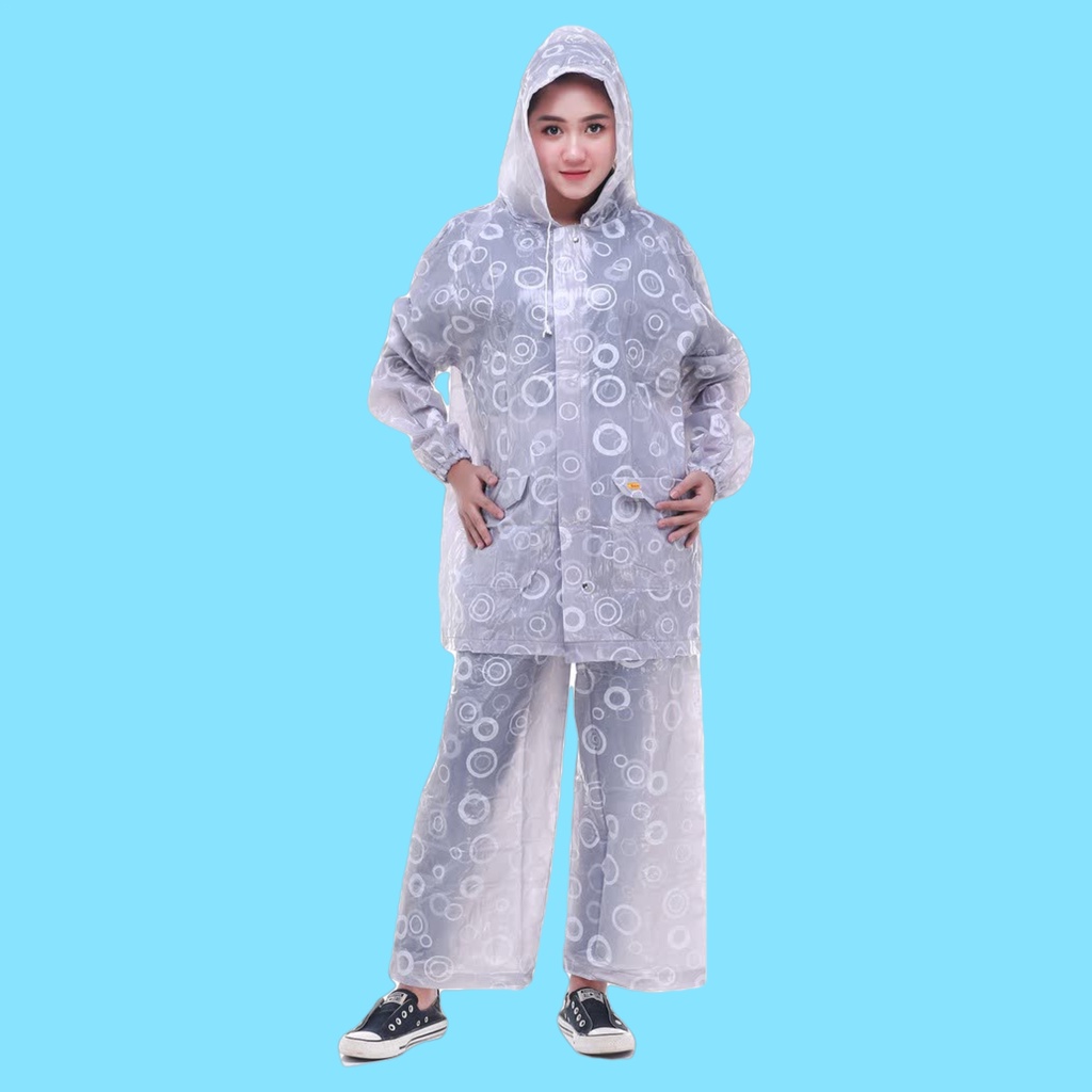 Jas Hujan Stelan Jaket Celana Wanita Dewasa Polkadot Pop Ibex Premium Mantel Ujan Setelan Ke107