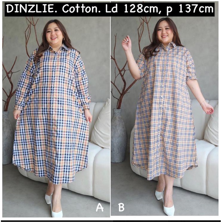 DINZLIESHOP KEMEJA PANJANG LONG DRESS LONGDRESS GAMIS WANITA BAHAN KATUN YANDED KOTAK KOTAK BURBERRY