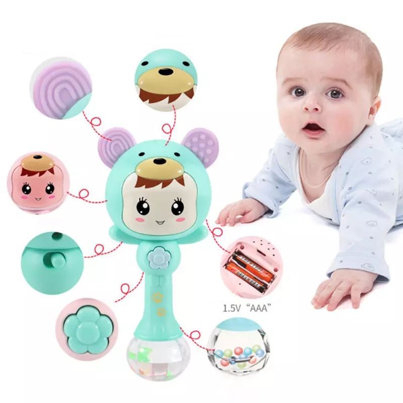 Mainan Tongkat Rattle Teether+Musik+Lampu Kelap-kelip Bentuk Kartun untuk Bayi