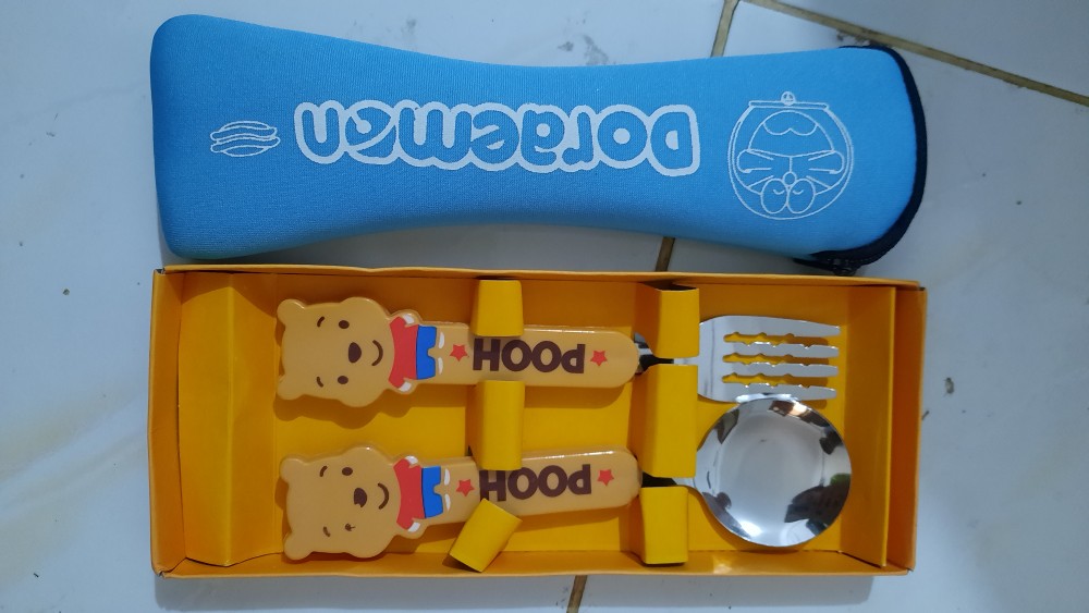 Set Sendok Sumpit Karakter Wadah Resleting / Set Sendok Sumpit Stainless Steel Portable + Wadah Lucu