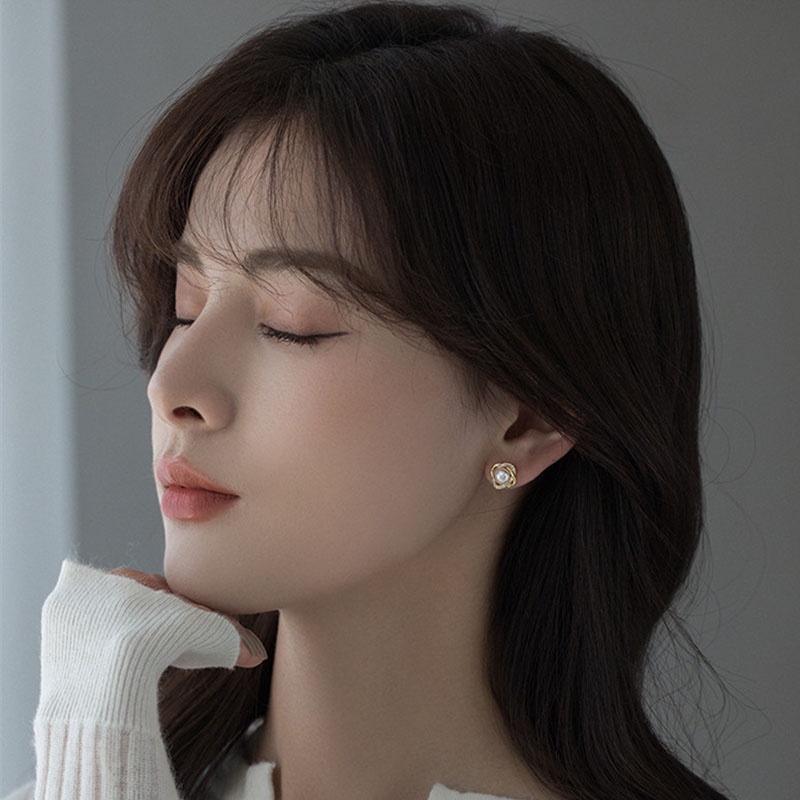 Anting Mutiara Berlian Imitasi Bentuk Geometris Gaya Korea