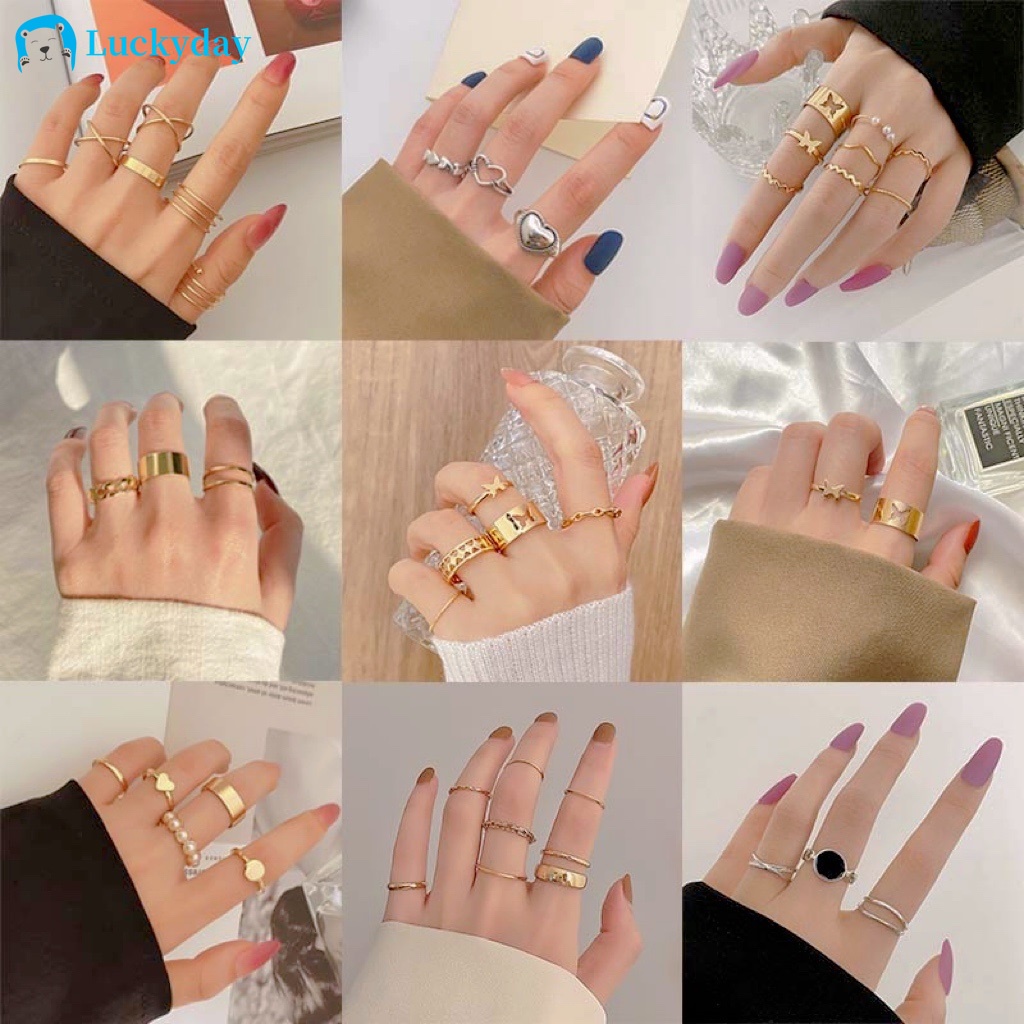 YEEZII 8pcs / Set Cincin Desain Butterfly Hati Warna Emas Silver Gaya Retro Untuk Wanita