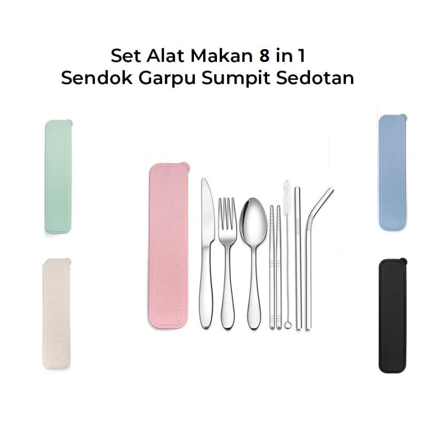 Paket Korea  lengkap 8 Pcs sendok garpu sumpit pisau sedotan stainless Steel 8in1 cutlery set 8pcs