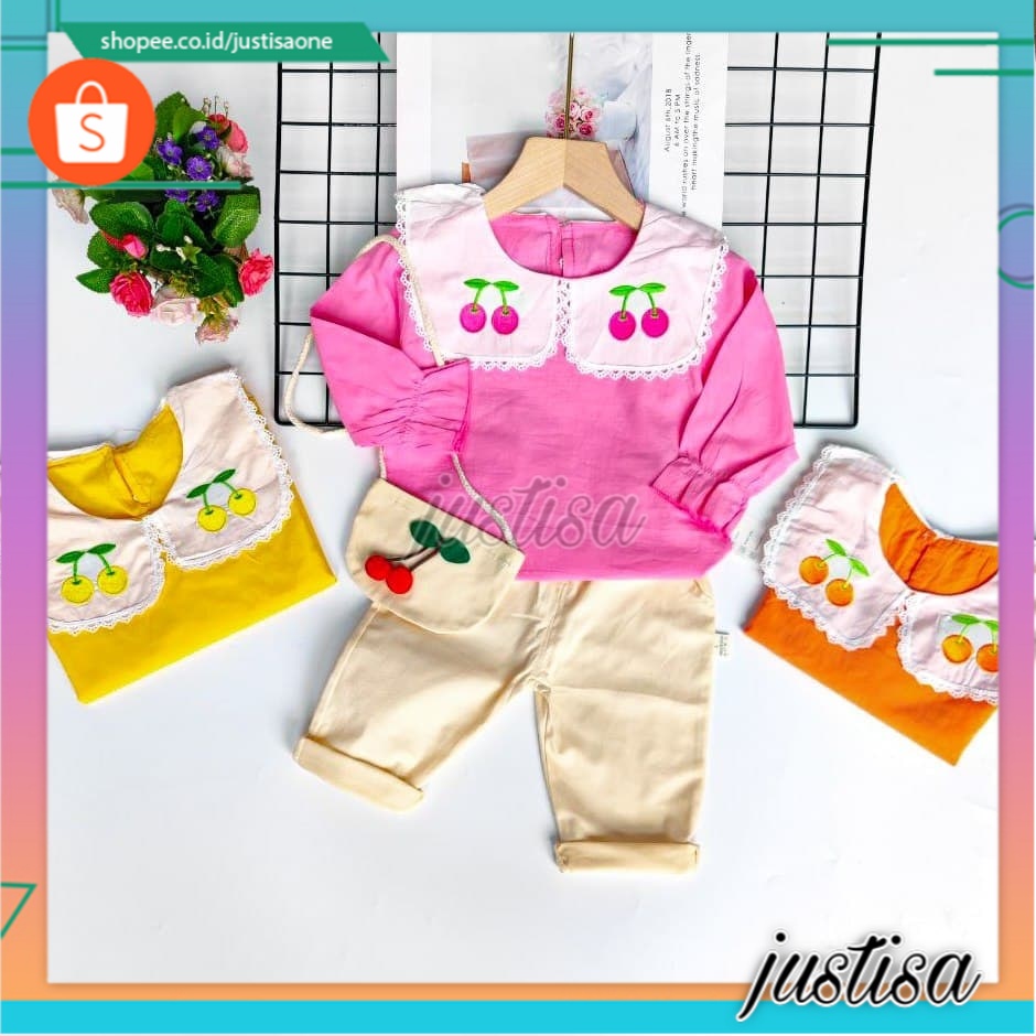 Promo !! Setelan korean style anak perempuan /  Setelan two cherry fashionable ukuran  1-3tahun