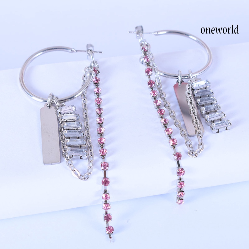 OW@ 1 Pair C-shaped Chain Tassel Drop Earrings Women Pink Rhinestone Clip Earrings Jewelry Accessory