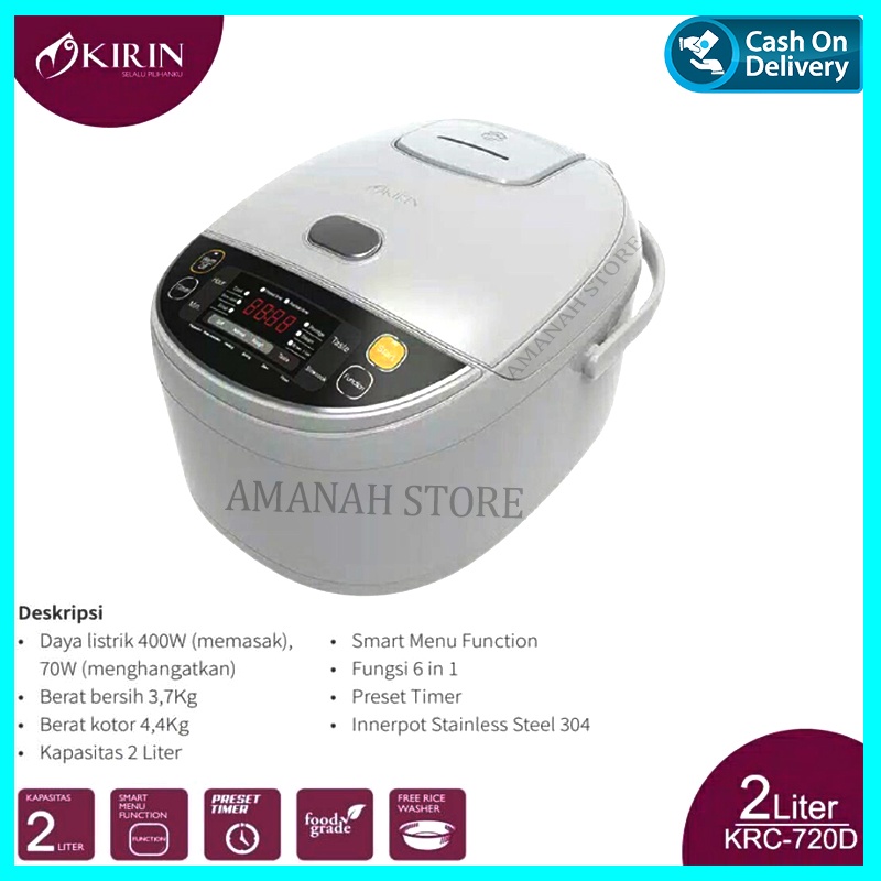 KIRIN RICE COOKER DIGITAL 2LTR KRC-720D / KRC 720D STAINLESS - WHITE