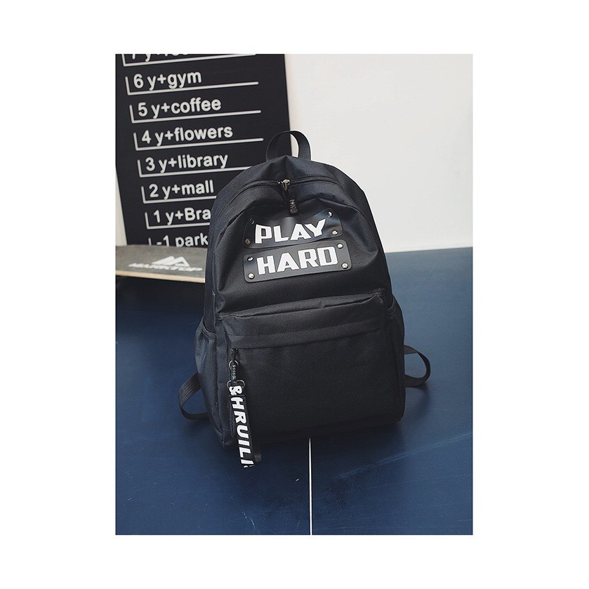 Unisex Korean canvas backpack Play Hard / Ransel wanita kanvas Tas Ransel Cowok / Tas Sekolah import