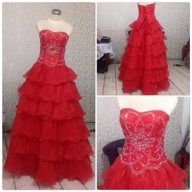 Baju pesta merah party dress brokat payet