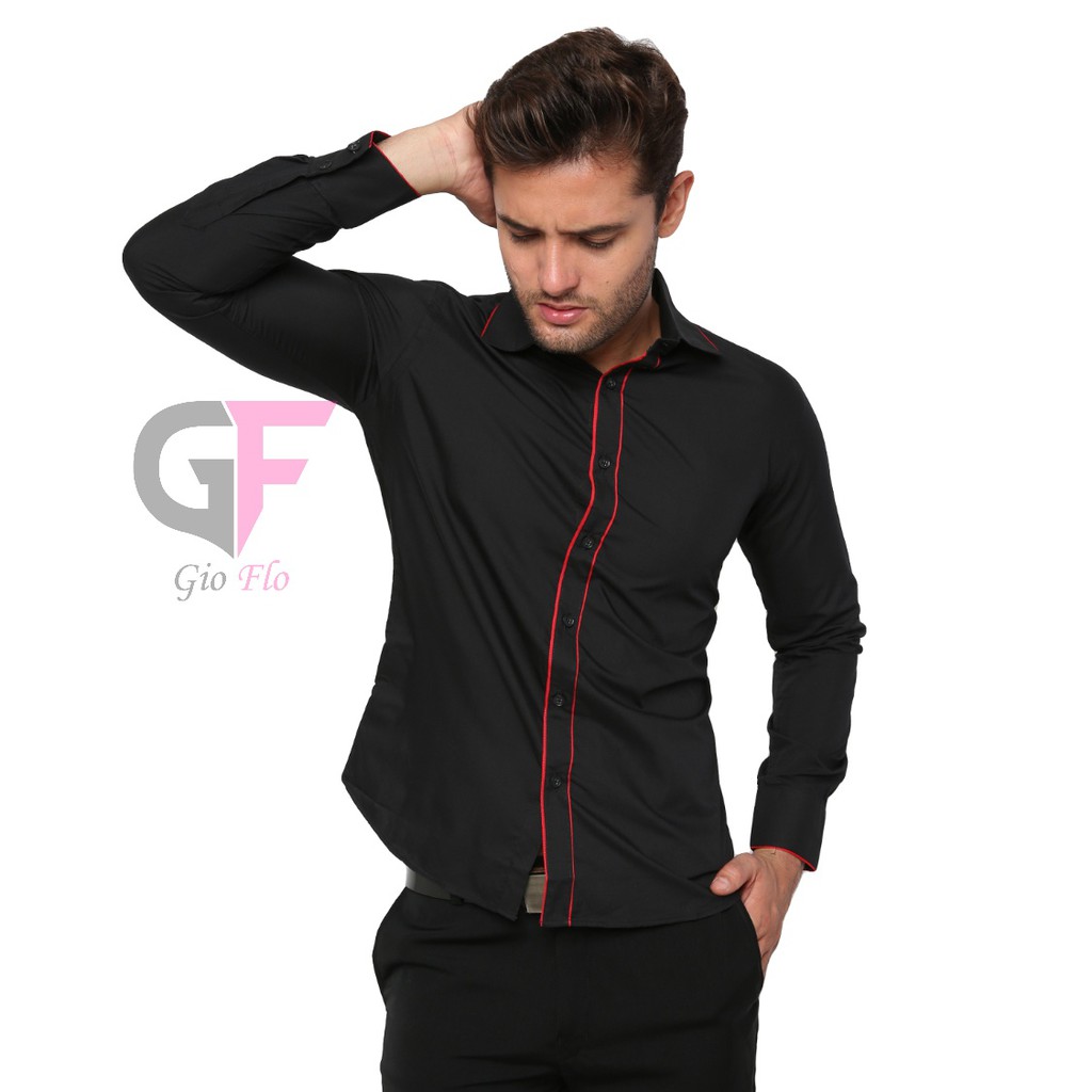 GIOFLO Baju Polos Semi Casual Kemeja Korea Pria Terbaru Hitam / LNG 1769