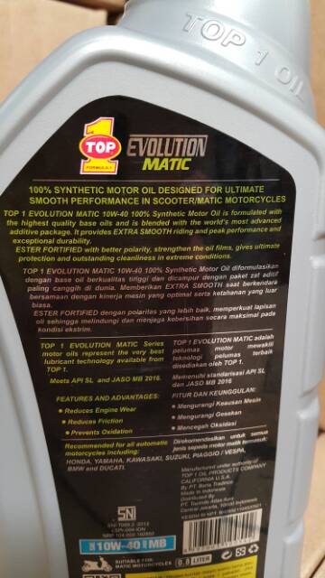 OLI MESIN MOTOR SCOOTER MATIC TOP1 / TOP 1 EVOLUTION MATIC 10W-40 800 ML