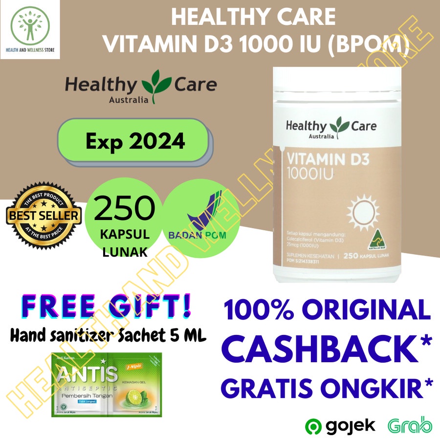 Jual HEALTHY CARE D3 1000 IU 250 KAPSUL LUNAK VITAMIN IMUN TULANG BPOM